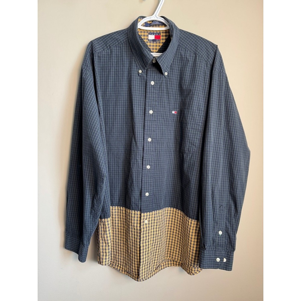 Tommy Hilfiger Button Down Shirt XL Plaid Two Tone Colorblock Preppy 90s Vintage